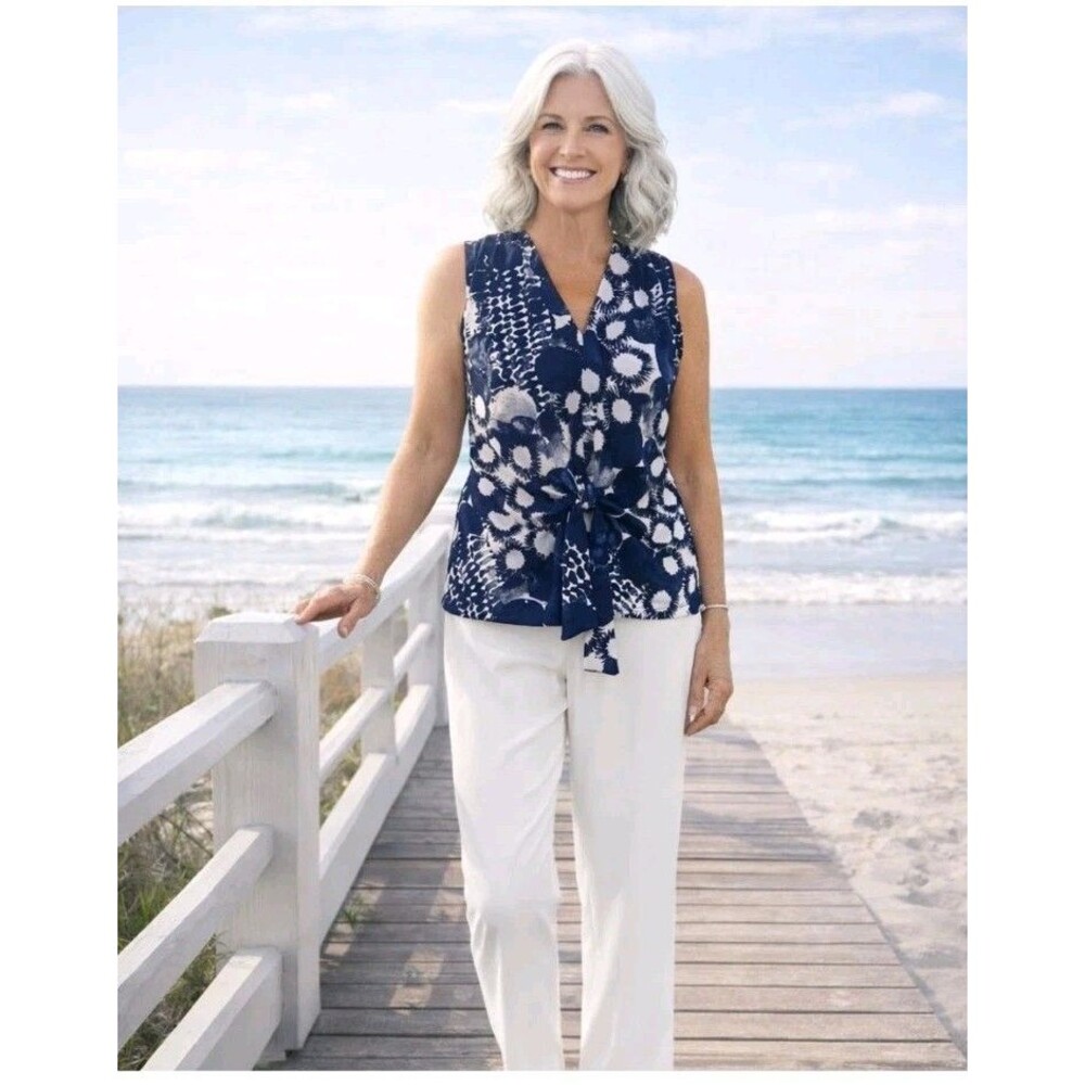 NWT Clara Sun Woo Top Sleeveless V-Neck Shirt Front Tie Navy Circle Splatter XS